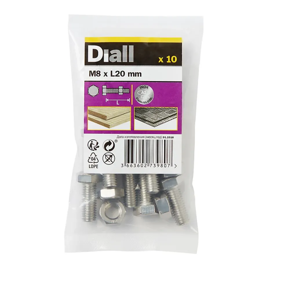 10 boulons tête héxagonale inox 8 x 20 mm