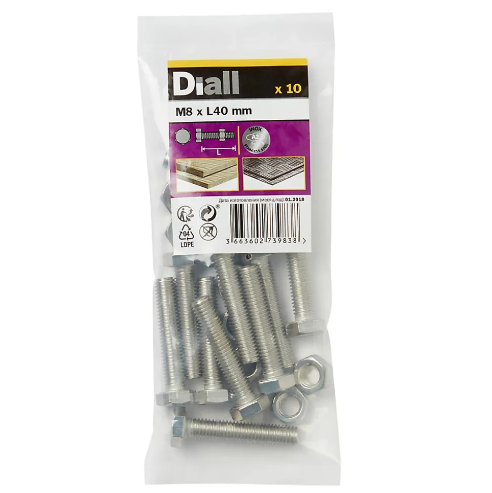 10 boulons tête héxagonale inox 8 x 40 mm
