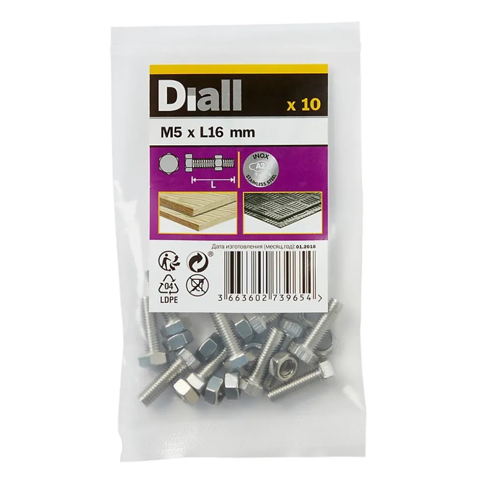10 boulons tête héxagonale inox 5 x 16 mm