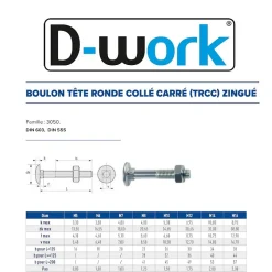 100 Boulons Tête Ronde Collet Carré TRCC 7 x 100 mm - DIN 603 - Zingué blanc - D-Work