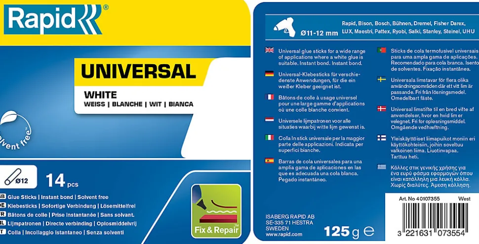 14 Bâtons de colle blanche universelle 12 mm Rapid 125 G