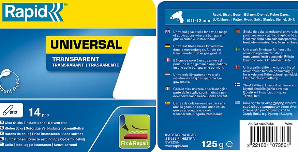 14 Bâtons de colle transparente universelle 12 mm Rapid 125 G