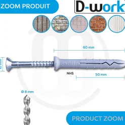 200 Chevilles à Frapper NHS D. 8 x Lt. 60 mm avec Vis Tête Fraisée (en seau) - D-Work