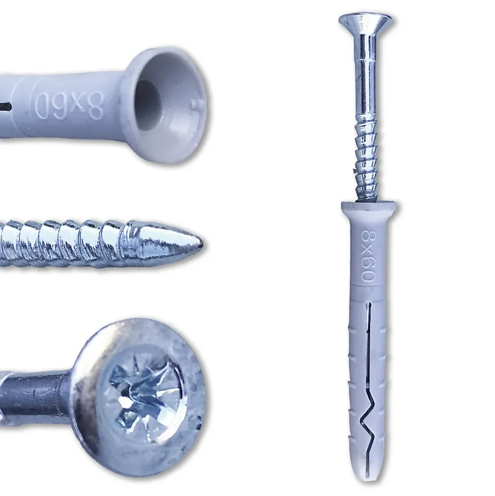 200 Chevilles à Frapper NHS D. 8 x Lt. 60 mm avec Vis Tête Fraisée (en seau) - D-Work