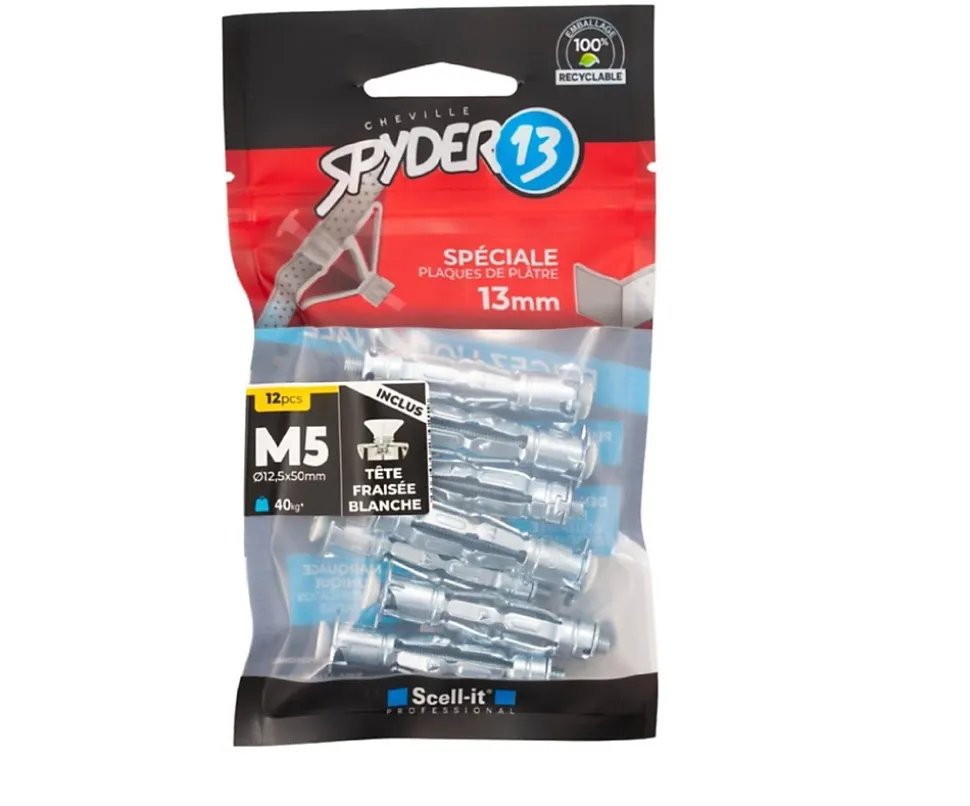 12 chevilles corps creux acier zingué Spyder M5 13mm + vis tête fraisée blanche