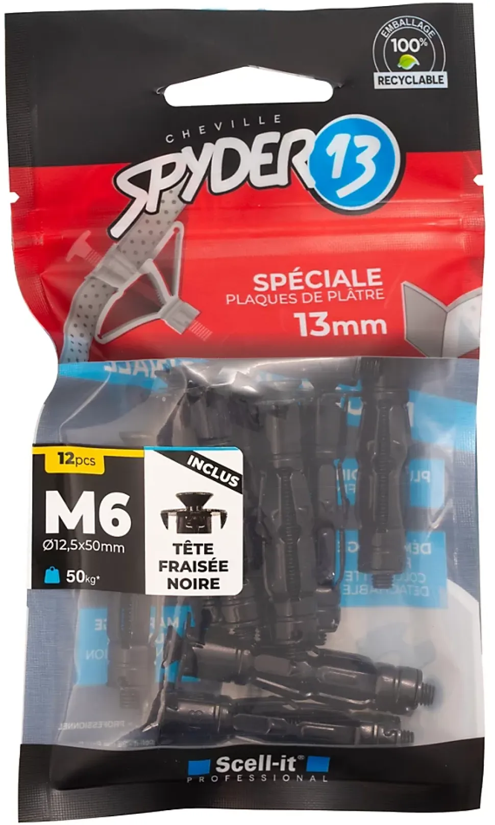 12 chevilles corps creux acier zingué Spyder M6 13mm + vis tête fraisée noires