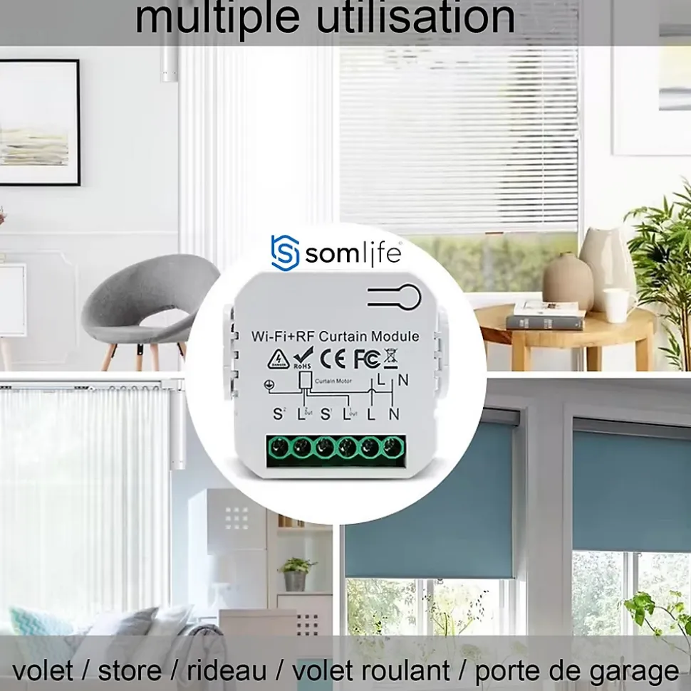 2 Commutateurs SomLife de volet et rideau Wifi Rf Tuya Smart Life Module pour volet roulant 433 mhz et Télécommande