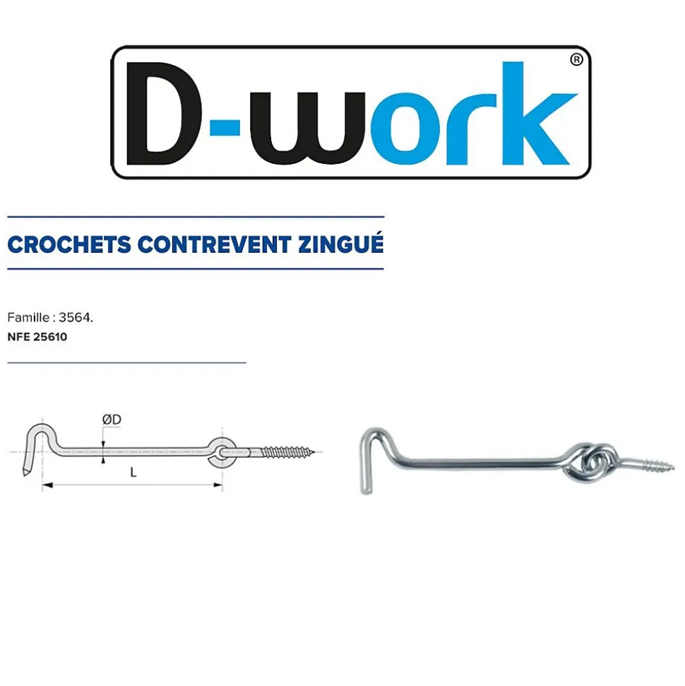 50 Crochets Contrevent 4 x 80 mm - NFE 25610 - Zingué blanc - D-Work