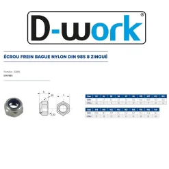 200 Ecrous Freins Indésserrables Bague Nylon M5 mm - DIN 985 - 6 - Zingué blanc - D-Work