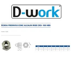 100 Ecrous Freins pour Vis M8 mm - 8 - Zingué CR3 - D-Work