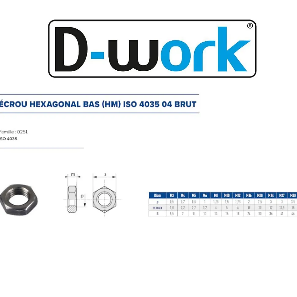 1000 Ecrous Hexagonaux Bas M4 mm - 4035 - 4 - Brut - D-Work
