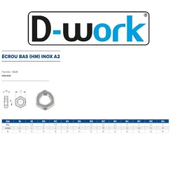 100 Ecrous Hexagonaux Bas M10 mm - DIN 439 - Inox A2 - D-Work