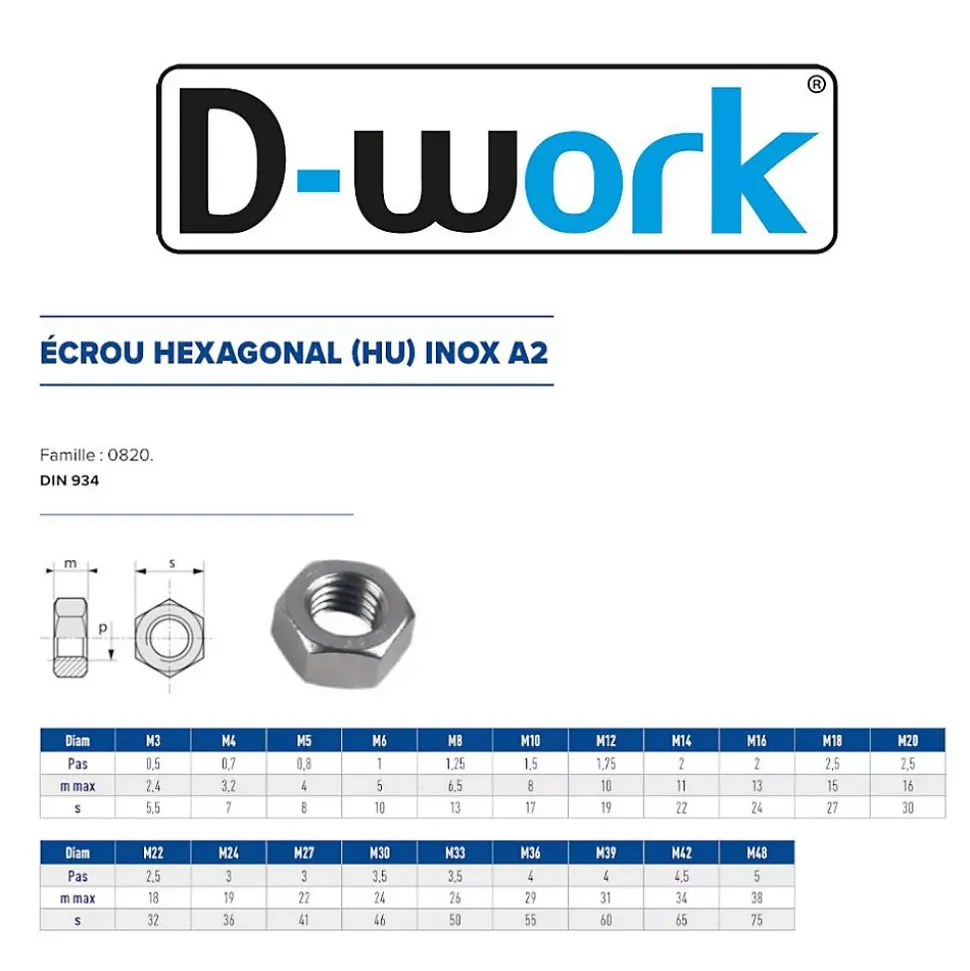 50 Ecrous Hexagonaux HU M18 mm - DIN 934 - Inox A2 - D-Work