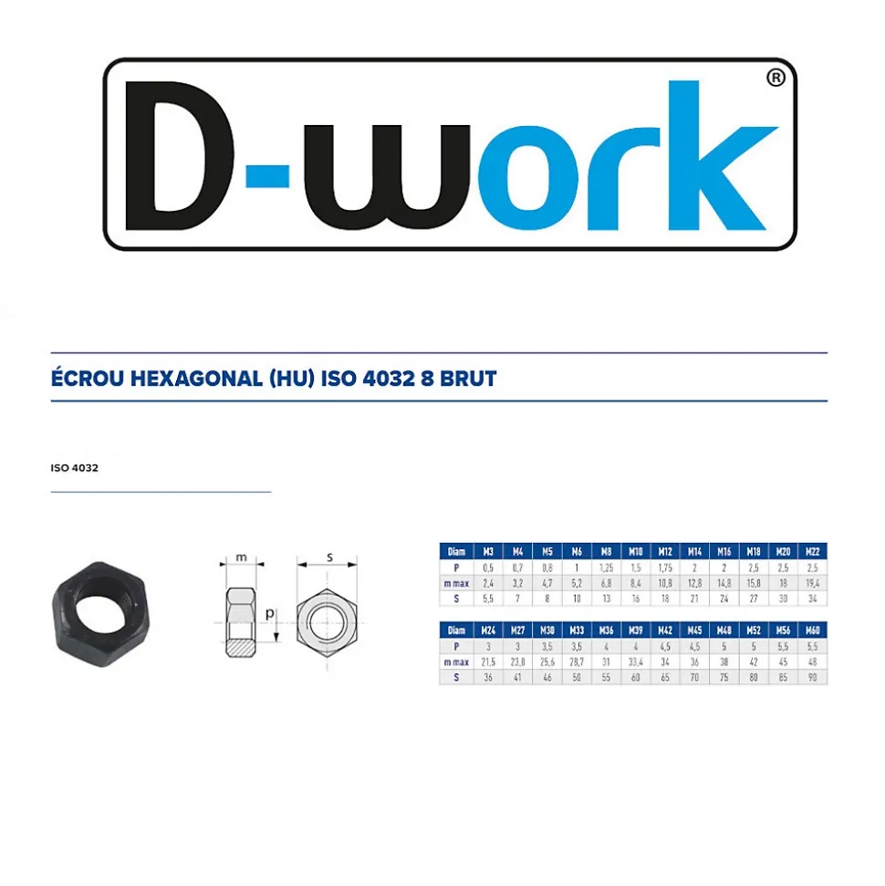 200 Ecrous Hexagonaux HU M3 mm - 4032 - 8 - Brut - D-Work