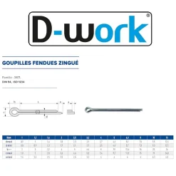 100 Goupilles Fendues D. 8 x 63 mm - DIN 94 - Zingué blanc - D-Work