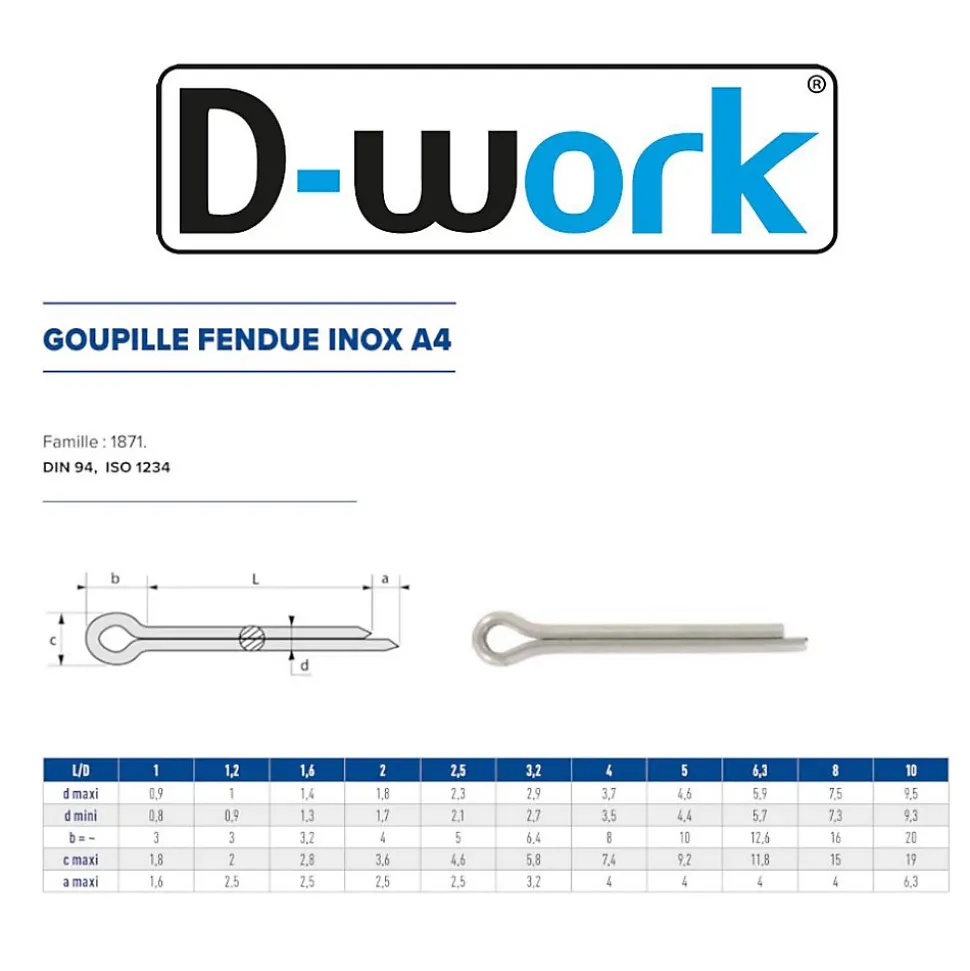 100 Goupilles Fendues D. 3.2 x 36 mm - DIN 94 - Inox A4 - D-Work