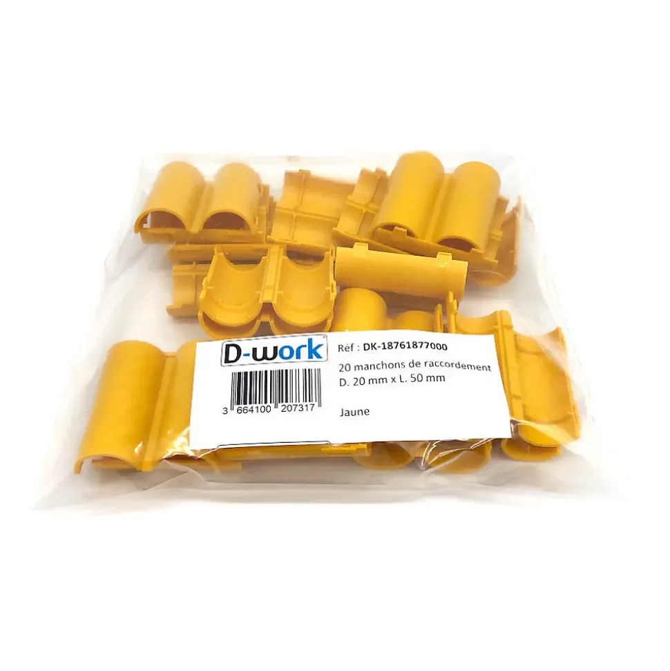 20 Manchons de Raccordement pour Gaine Electrique et Tube D. 20 mm x L. 50 mm (Jaune) - 100% Français - D-Work
