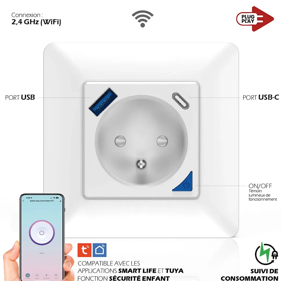 2 Prises encastrées 3000W & Ports USB-A + USB-C Wifi + Suivi de consommation