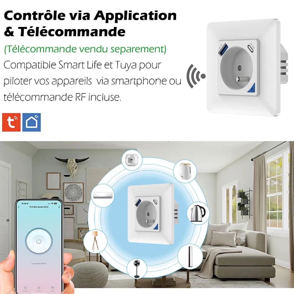 2 Prises encastrées 3000W & Ports USB-A + USB-C Wifi + Suivi de consommation