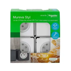 3 prises avec terre + 1 interrupteur va-et-vient Schneider Electric Mureva Styl blanc, lot