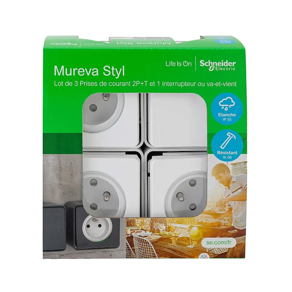 3 prises avec terre + 1 interrupteur va-et-vient Schneider Electric Mureva Styl blanc, lot