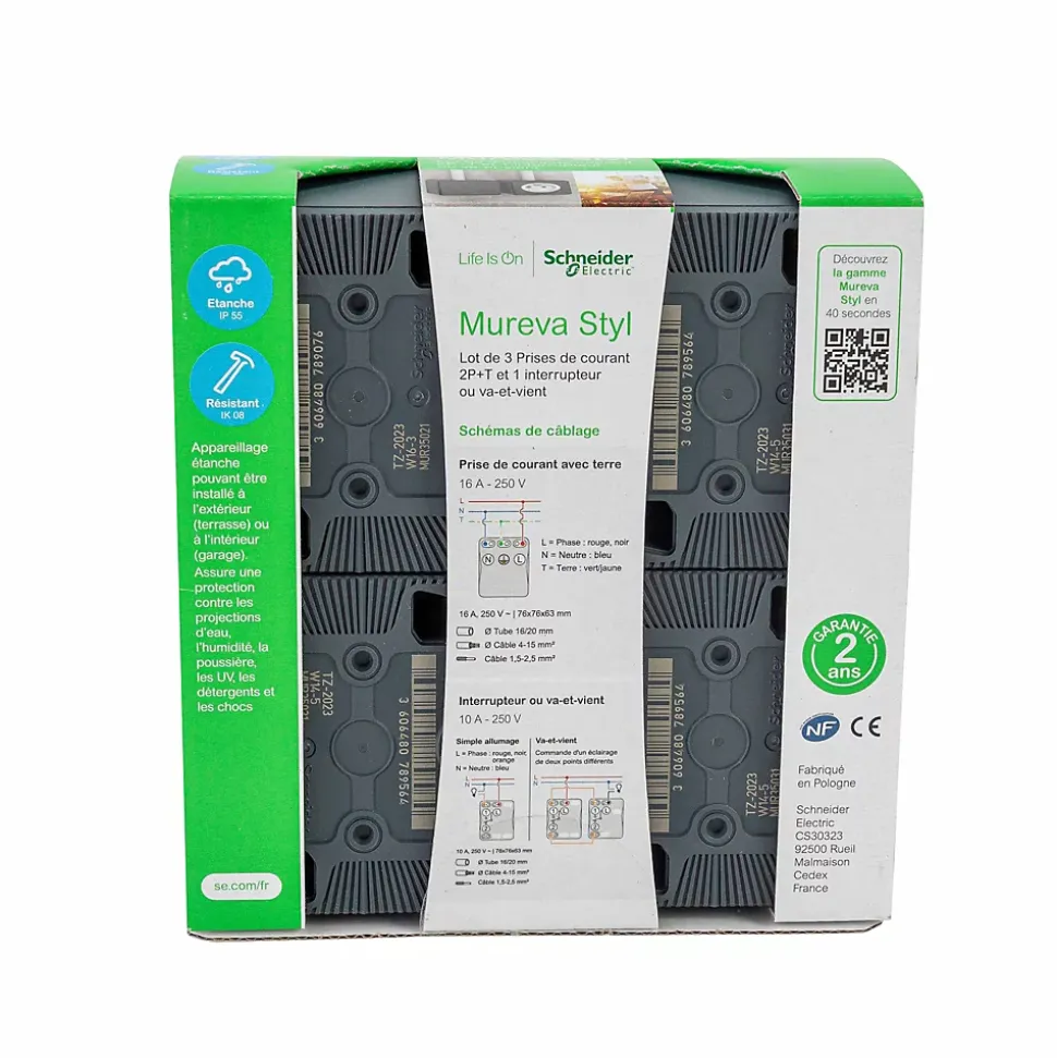 3 prises avec terre + 1 interrupteur va-et-vient Schneider Electric Mureva Styl gris anthracite, lot