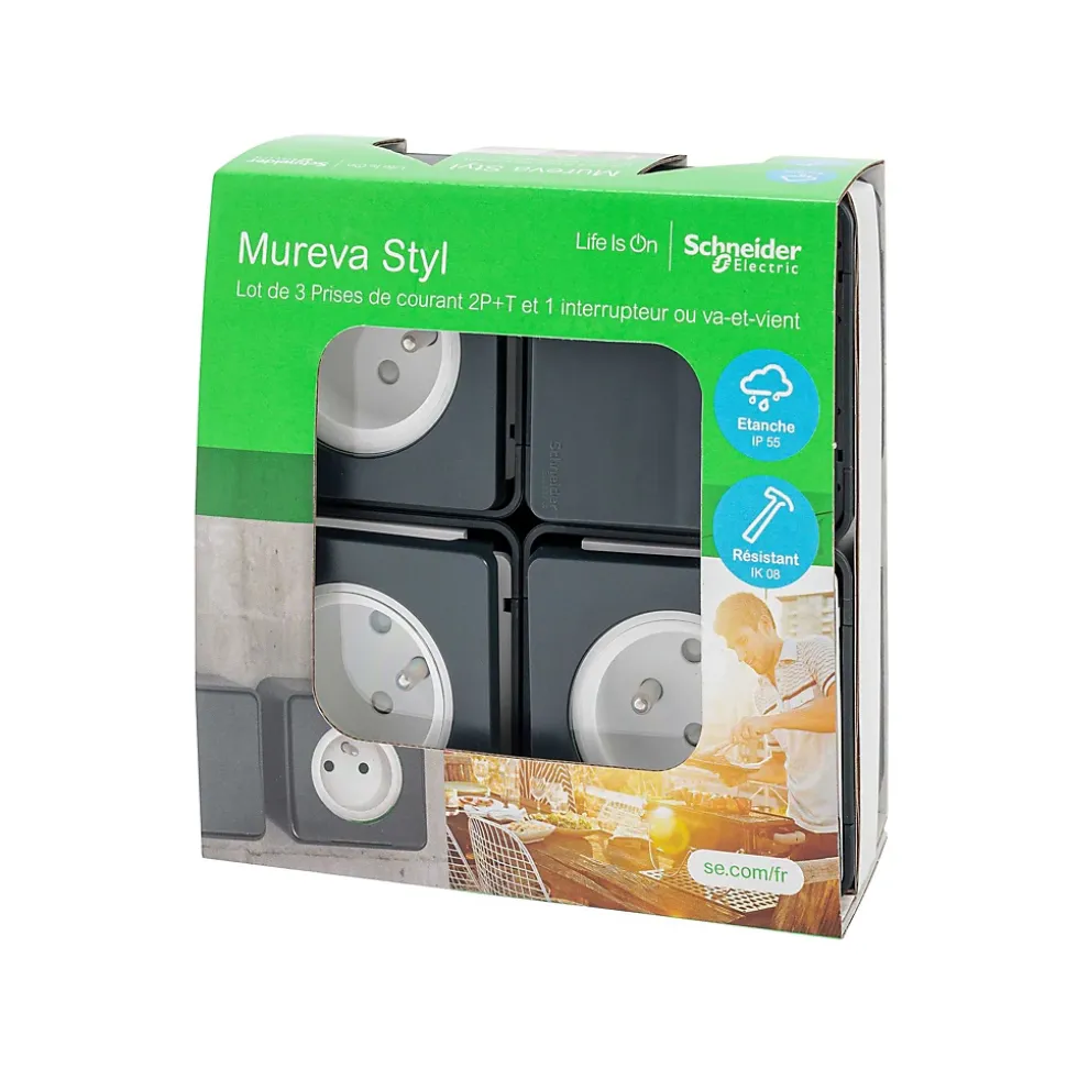 3 prises avec terre + 1 interrupteur va-et-vient Schneider Electric Mureva Styl gris anthracite, lot