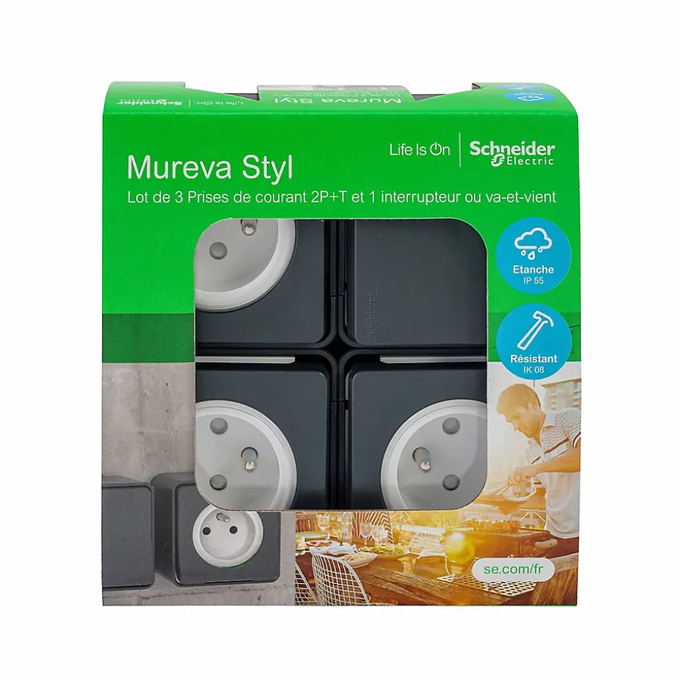 3 prises avec terre + 1 interrupteur va-et-vient Schneider Electric Mureva Styl gris anthracite, lot