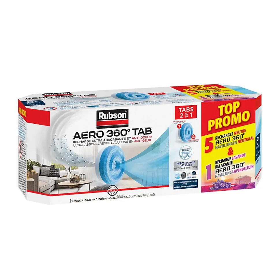 5 recharges neutre pour absorbeur d'humidité Aéro 360° Rubson 20m² + 1 recharge lavande