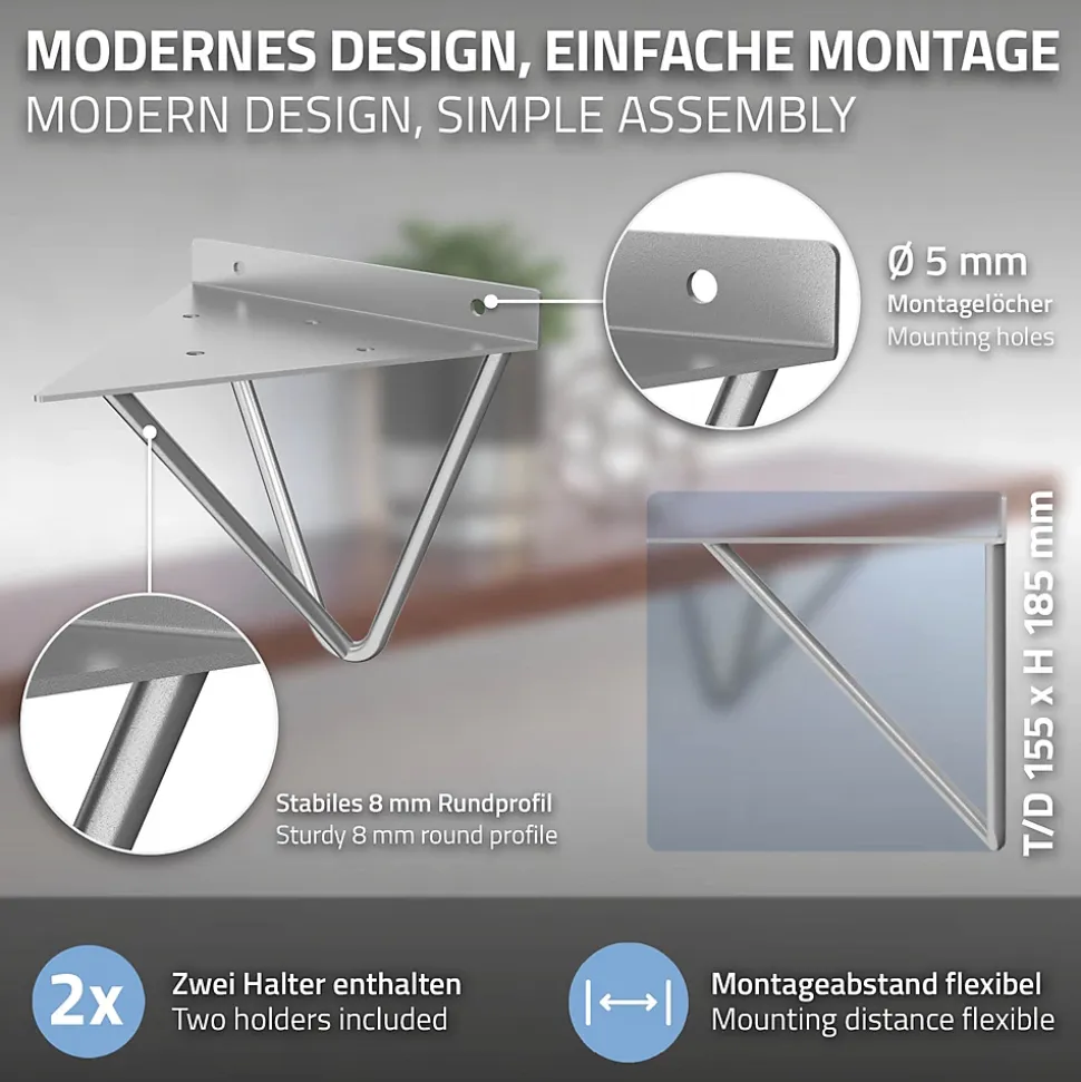 2 Support d'Etagere d'angle triangle en métal gris avec vis 160mm