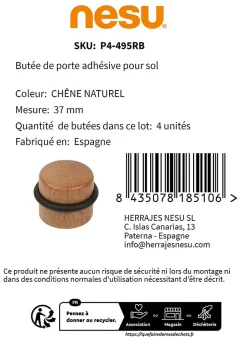 4 Un. Butée de porte adhésive en bois de chêne naturel - Diamètre 37MM