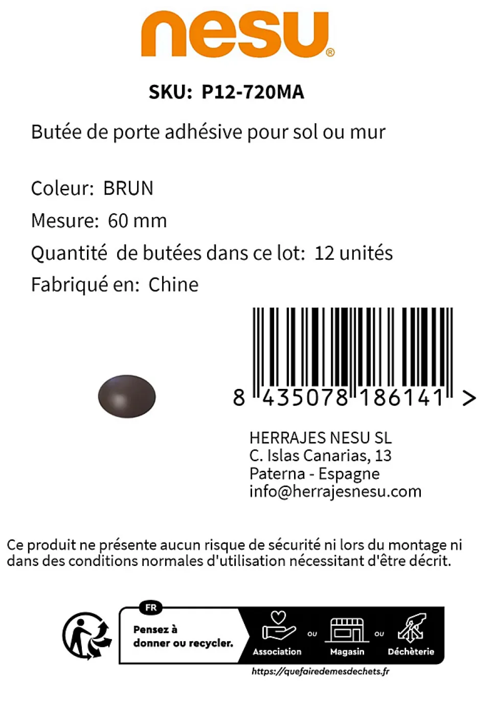12 Un. Butée de porte adhésive en caoutchouc pour parquet et mur de couleur marron - Diamètre 60MM