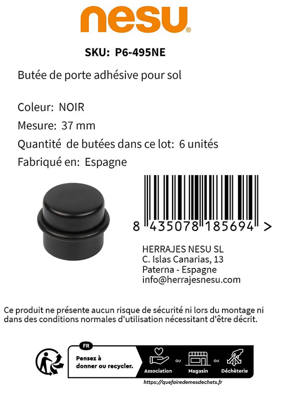 6 Un. Butée de porte adhésive en bois laqué noir - Diamètre 37MM