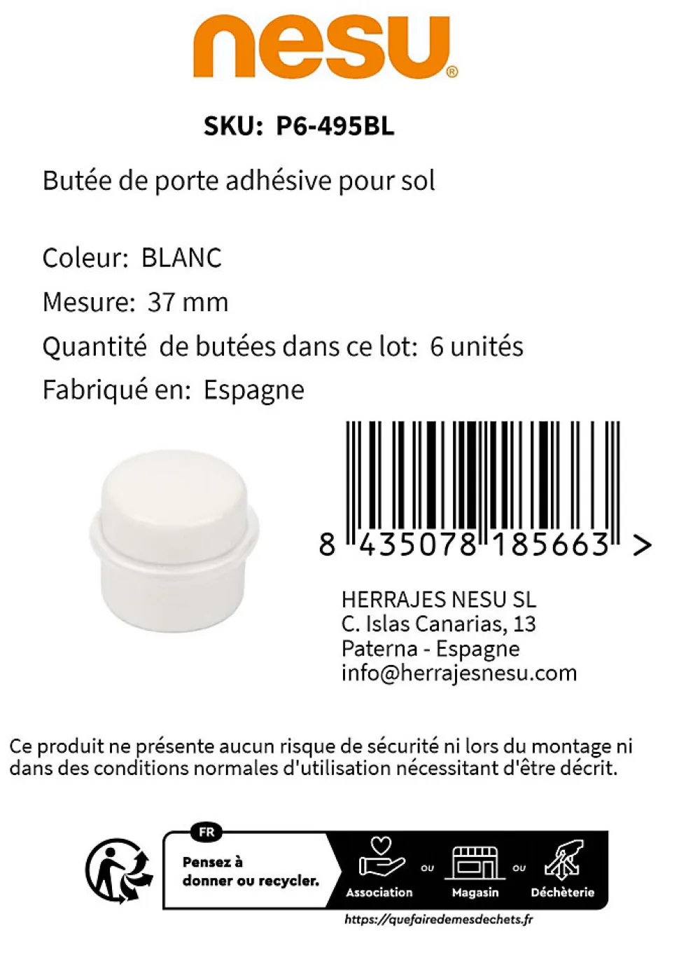 6 Un. Butée de porte adhésive en bois laqué blanc - Diamètre 37MM