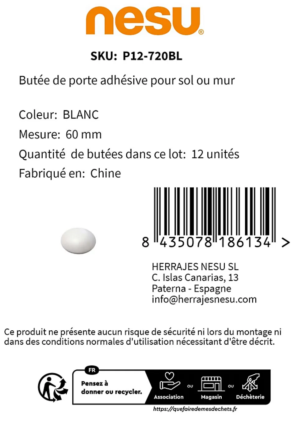 12 Un. Butée de porte en caoutchouc adhésif pour parquet et mur, blanc - Diamètre 60MM
