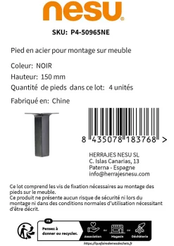 4 un. Pied carré pour meuble en acier 25x25mm hauteur 150mm peinture noire avec embout