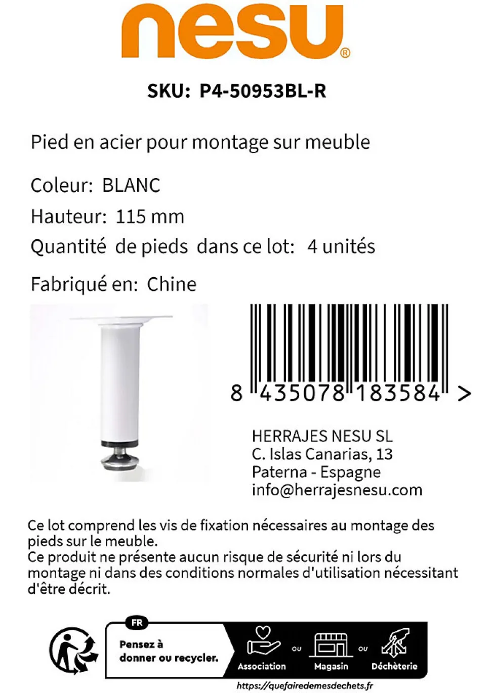 4 un. Pied de meuble rond en acier, diamètre 30 mm, hauteur 100 mm, peinture blanche avec régulateur de nivellement 15-25 mm