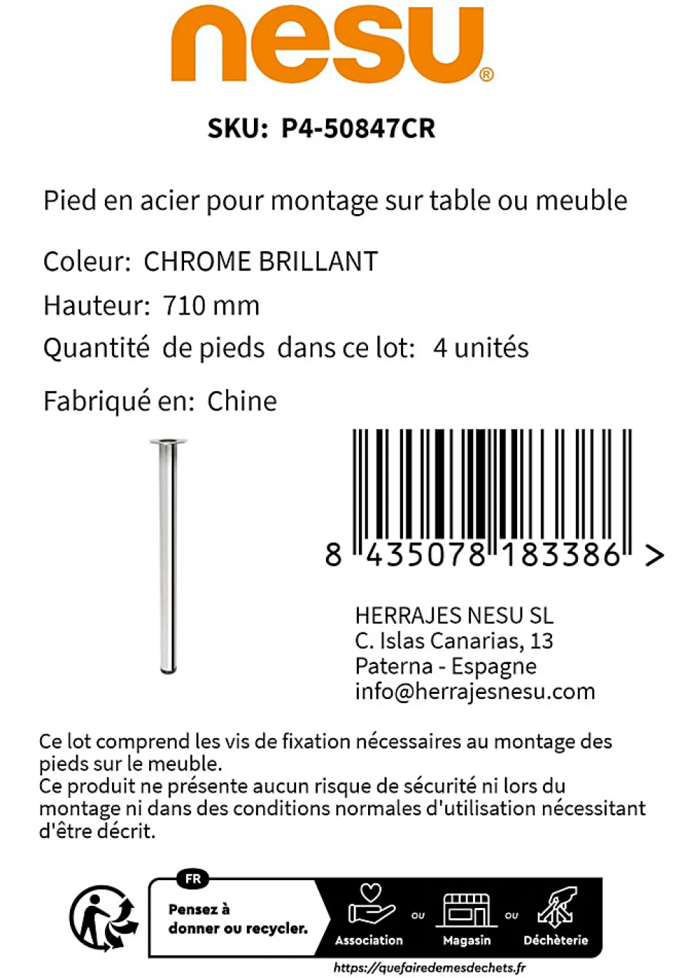4 un. Pied de table rond en acier, diamètre 60 mm, hauteur 710 mm, chromé avec régulateur de niveau