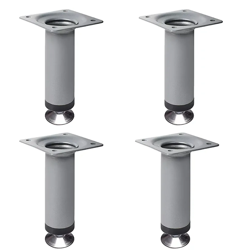 4 un. Pied rond pour meuble en acier, diamètre 30 mm, hauteur 100 mm, peinture aluminium avec régulateur de nivellement 15-25 mm