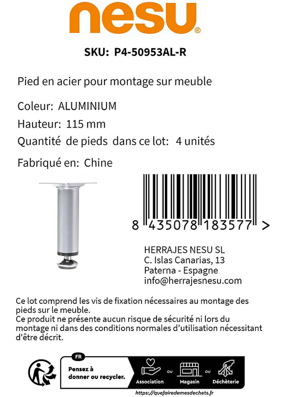 4 un. Pied rond pour meuble en acier, diamètre 30 mm, hauteur 100 mm, peinture aluminium avec régulateur de nivellement 15-25 mm
