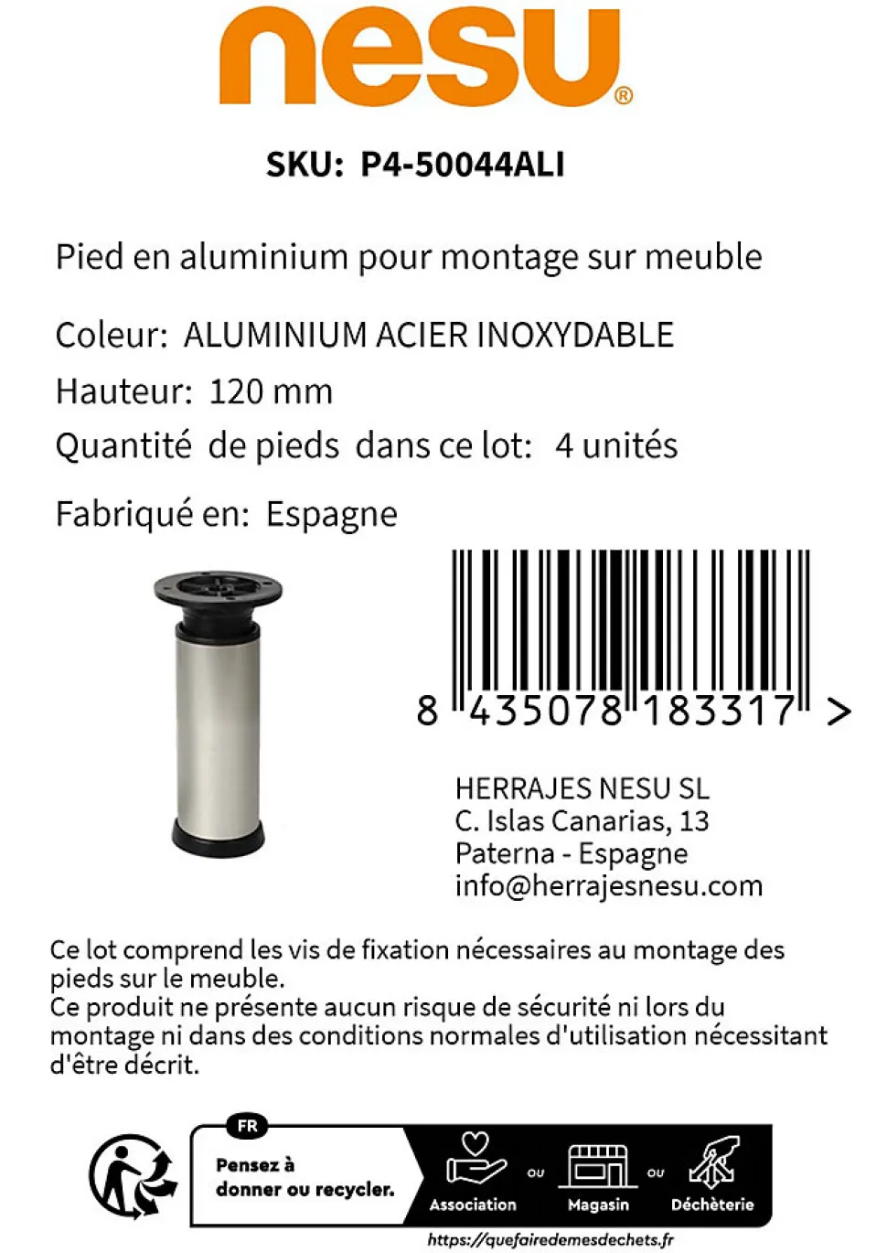 4 un. Pied rond pour meuble en aluminium diamètre 40mm hauteur 120mm inox avec régulateur de hauteur supérieur