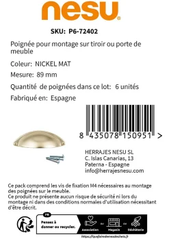 6 Un. poignées de meuble coquille en nickel mat pour porte et cuisine - entraxe 32MM