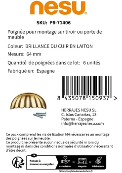 6 Un. poignées de meuble coquille en laiton vieilli pour porte cuisine - entraxe 64MM