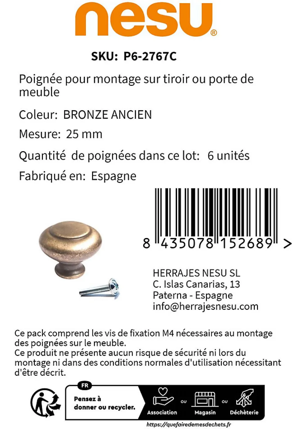 6 Un. poignées de meuble en laiton mat pour tiroir - diamètre 25MM
