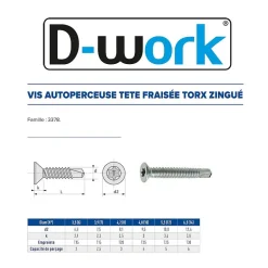 500 Vis Autoperceuses Tête Fraisée Torx 4.2 x 12.7 mm - Zingué blanc - D-Work