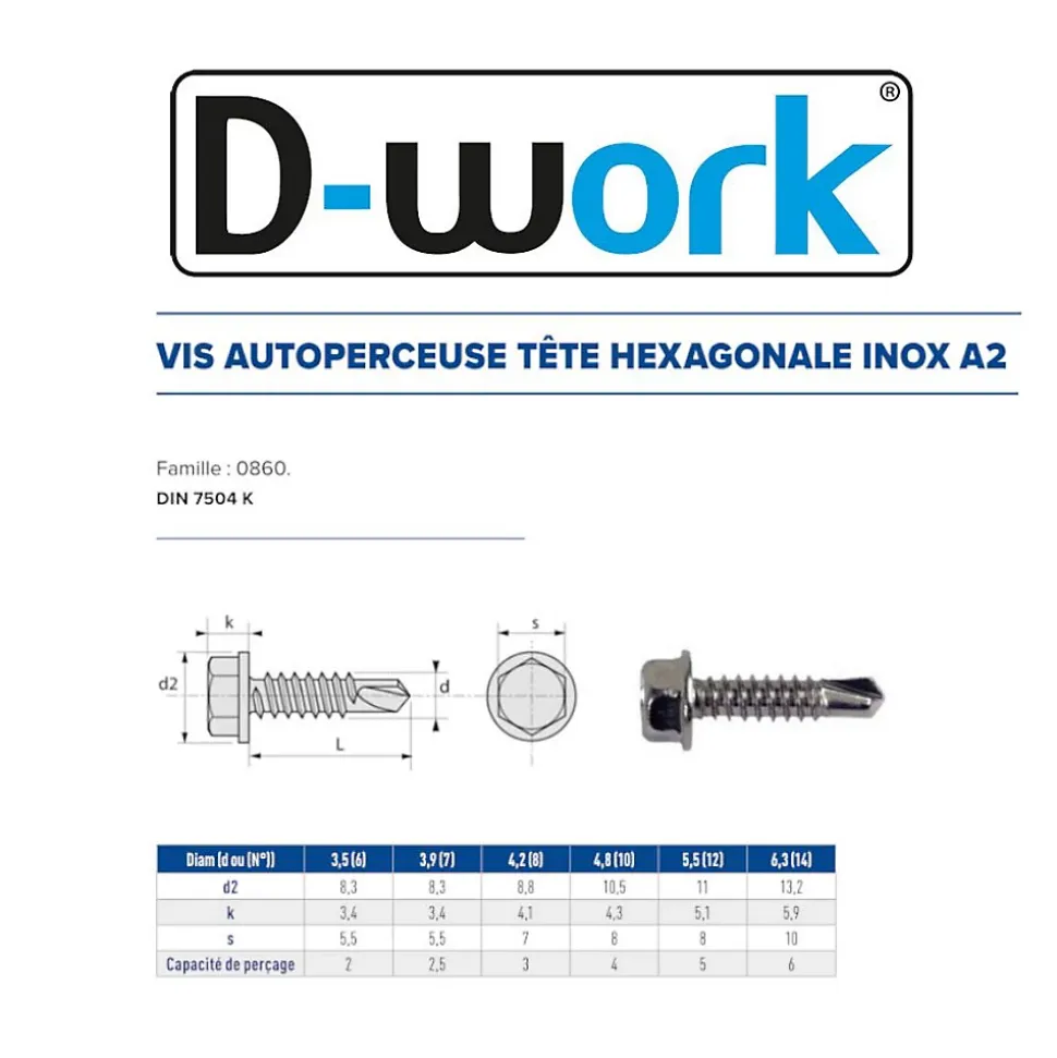 100 Vis Autoperceuses Tête Hexagonale 6.3 x 19 mm - DIN 7504 K - Inox A2 - D-Work