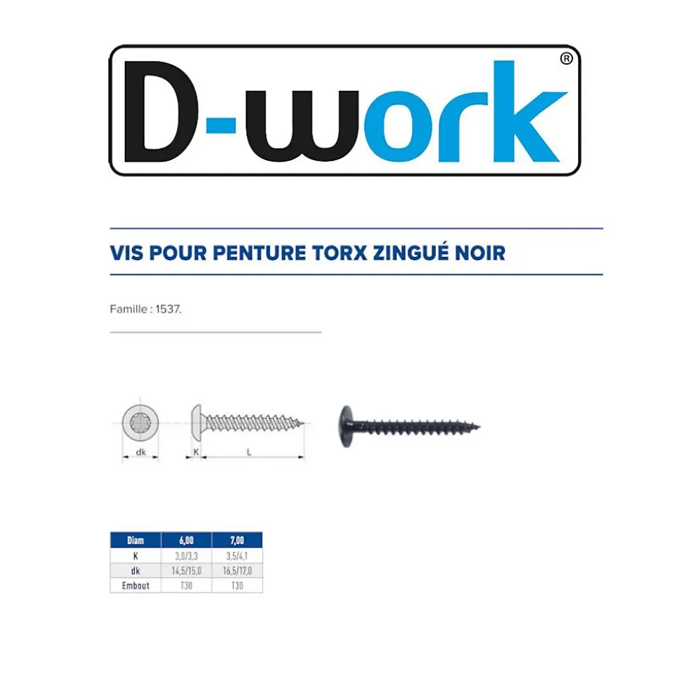 100 Vis Bois pour Penture Torx 6 x 60 mm - Zingué Noir - D-Work