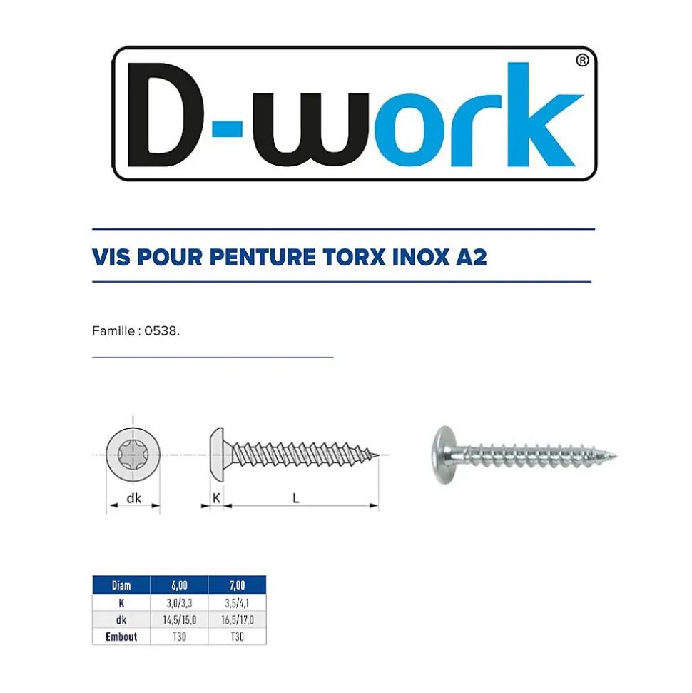 200 Vis Bois pour Penture Torx TX30 6 x 25 mm - Inox A2 - D-Work