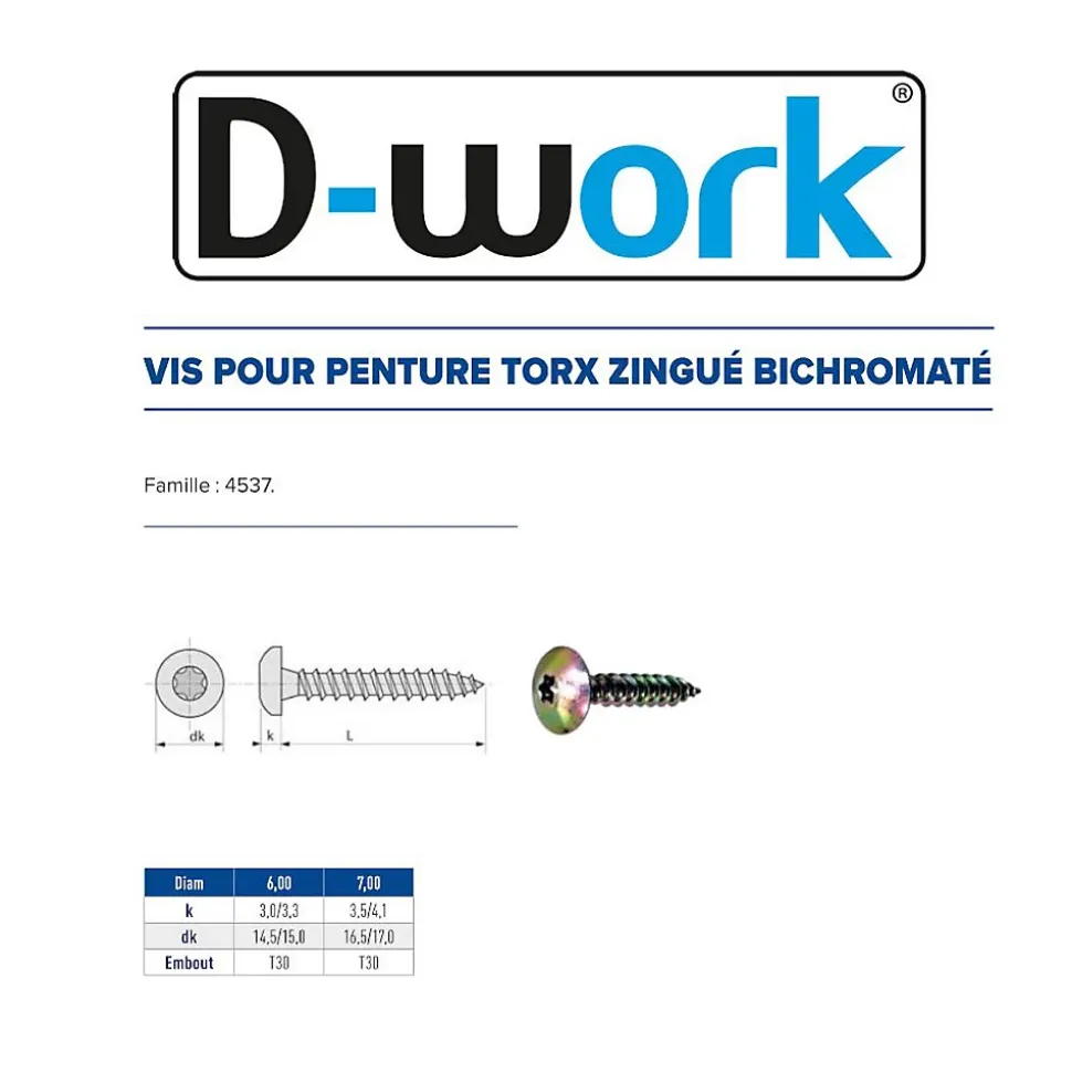 100 Vis Bois pour Penture Torx 6 x 60 mm - Zingué Bichro - D-Work