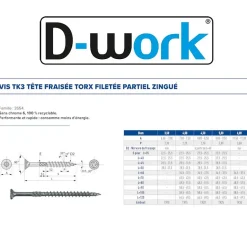 200 Vis Bois TK3 Tête Fraisée Crantée Torx F/Partiel 6 x 70 mm - Zingué blanc - D-Work